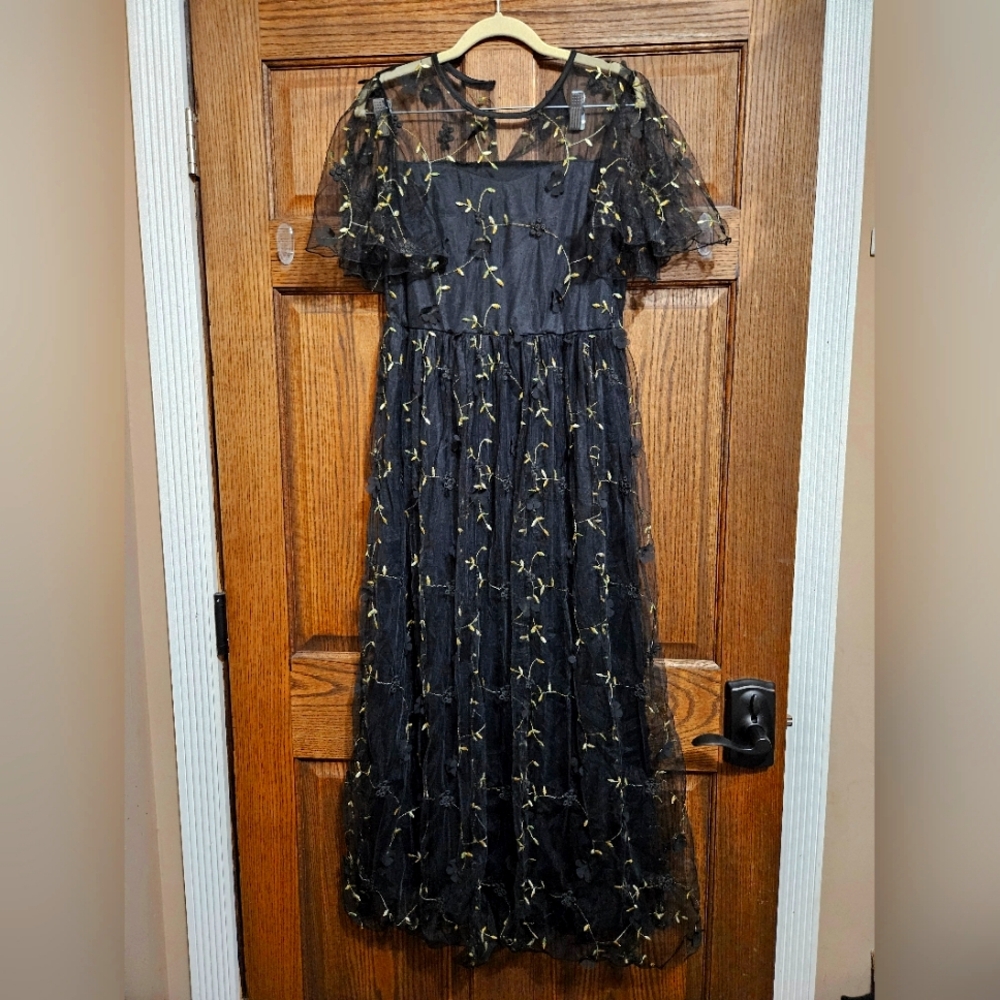 Green and Gold Vine Embroidery Mesh Overlay With 3D Flowers Black Midi Dress